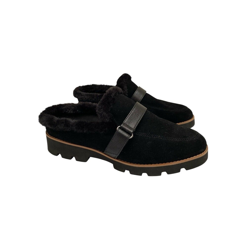 Vionic Kailen Sz 7.5 Black Suede & Leather Loafers Faux Shearling Mules Comfy